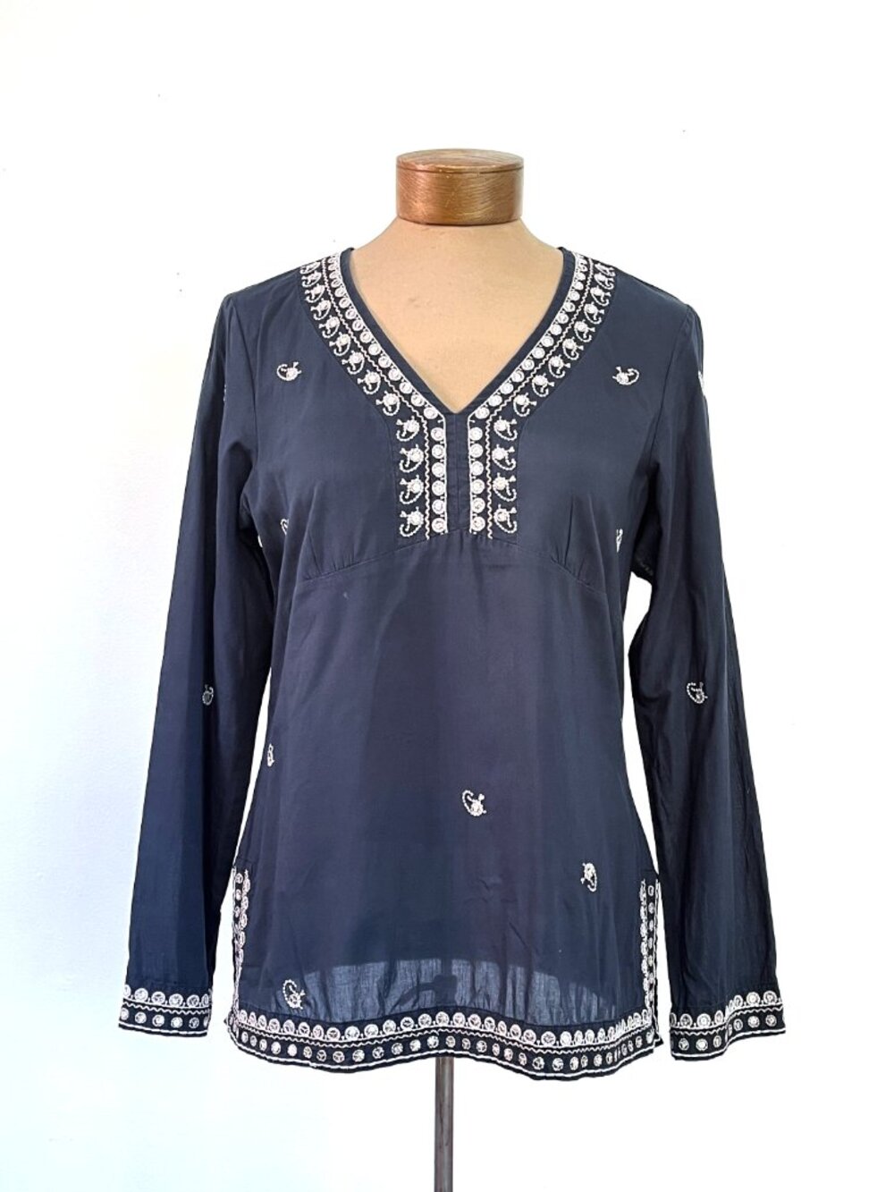 Women's Navy Blue & White Boho Embroidered Sequined Shirt Tunic Medium